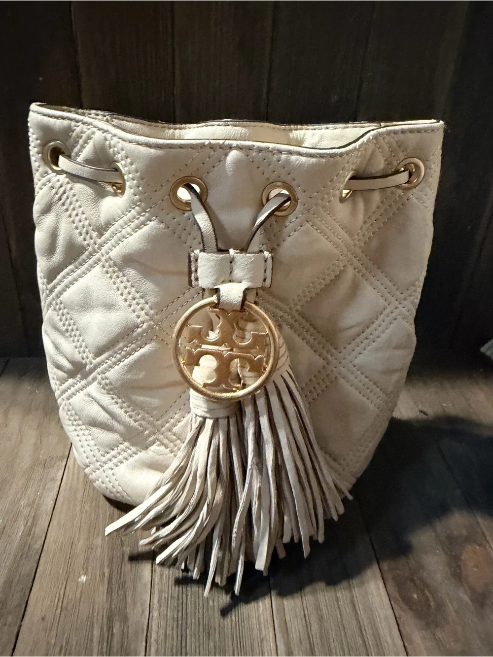 Quilted Tassel Drawstring Bucket Bag - Cream